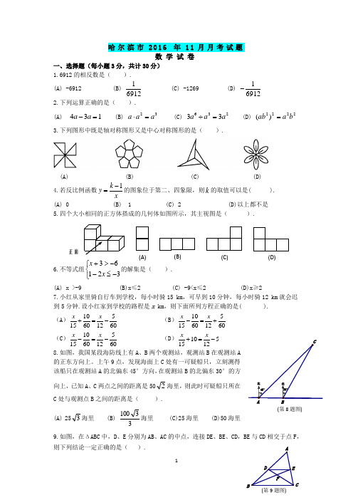 最新精编黑龙江省哈尔滨市2017届九年级上11月月考试卷有答案