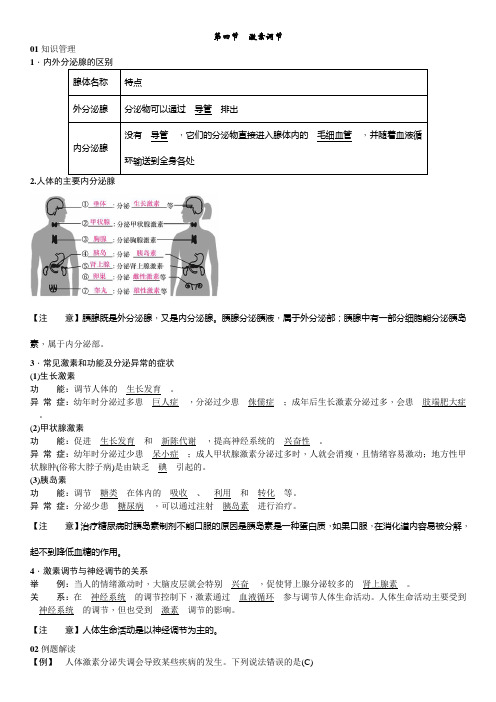 人教版生物七年级下册 第六章 人体生命活动的调节 第四节 激素调节 同步练习(word版,答案)