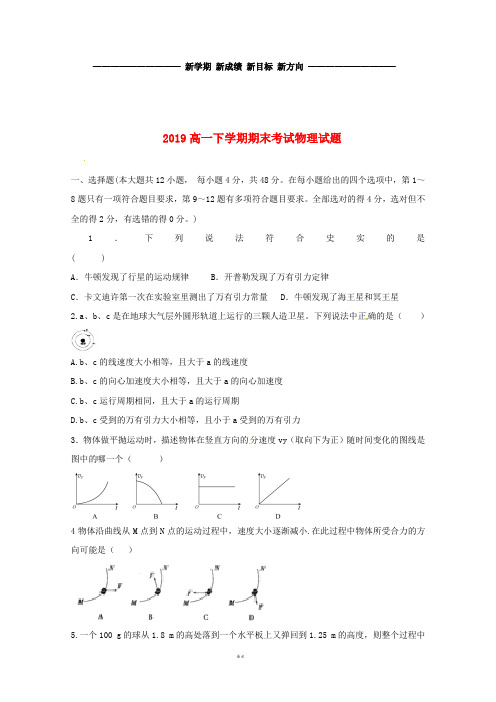 高一物理下学期期末考试试题(新版)人教版 (3)