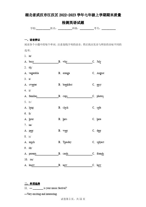 湖北省武汉市江汉区2022-2023学年七年级上学期期末质量检测英语试题