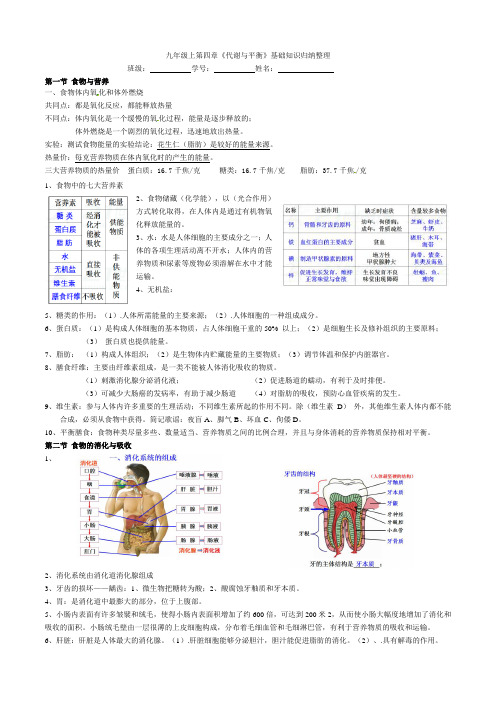 浙教版九年级上册第四章《代谢与平衡》提纲(全面覆盖)