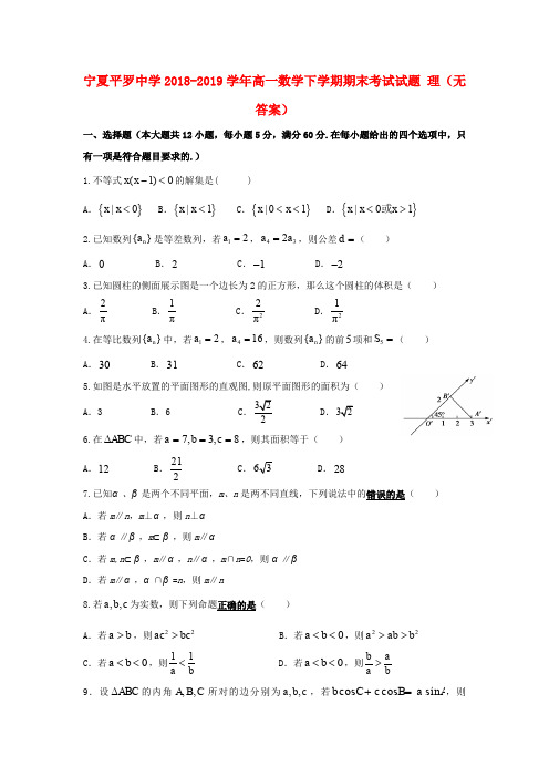 宁夏平罗中学2018_2019学年高一数学下学期期末考试试题理(无答案)