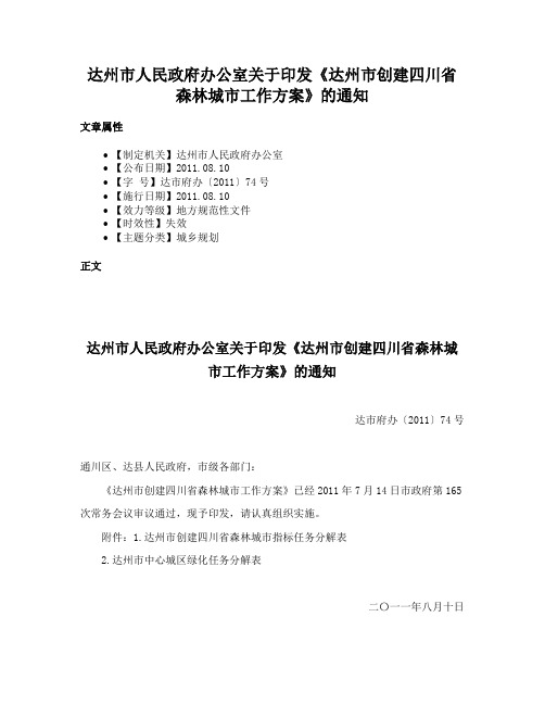 达州市人民政府办公室关于印发《达州市创建四川省森林城市工作方案》的通知