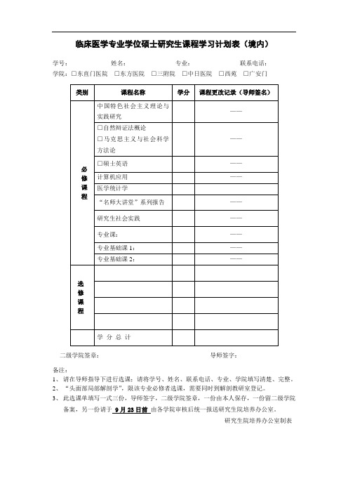 临床医学专业学位硕士研究生课程学习计划表(境内)