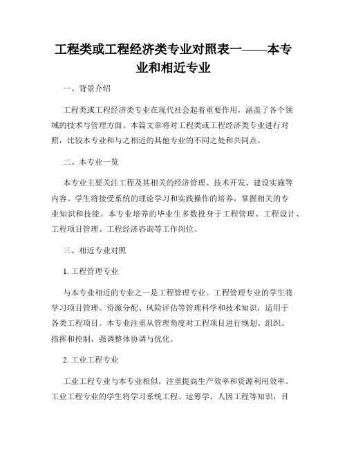 工程类或工程经济类专业对照表一——本专业和相近专业