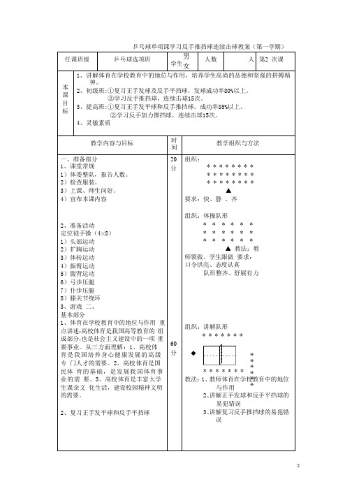 乒乓球单项课学习反手推挡球连续击球教案(第一学期)