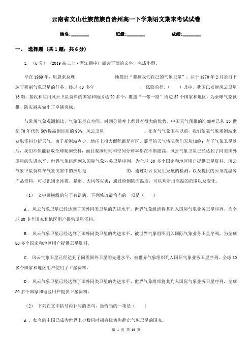 云南省文山壮族苗族自治州高一下学期语文期末考试试卷