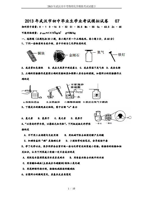 2013年武汉市中考物理化学模拟考试试题5