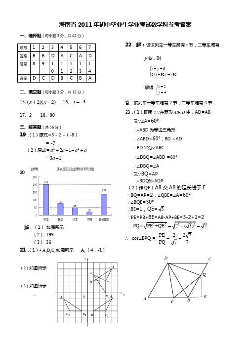 2011年海南省中考数学试题答案