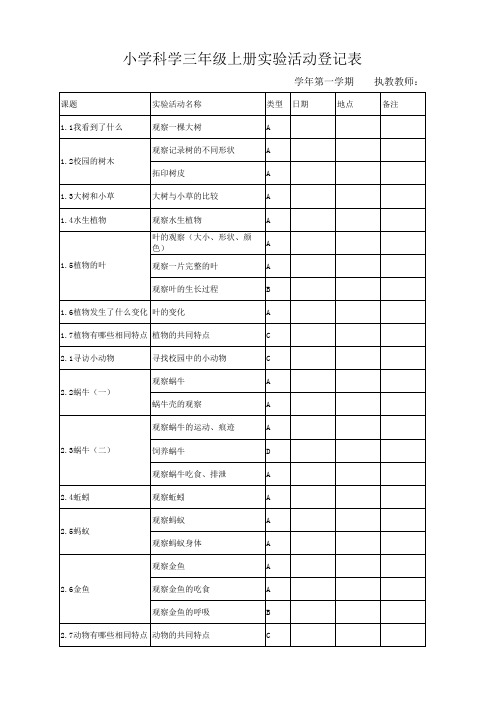 小学科学三年级上册实验活动登记表2017年