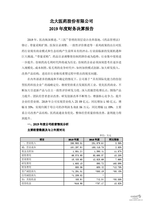 北大医药：2019年度财务决算报告