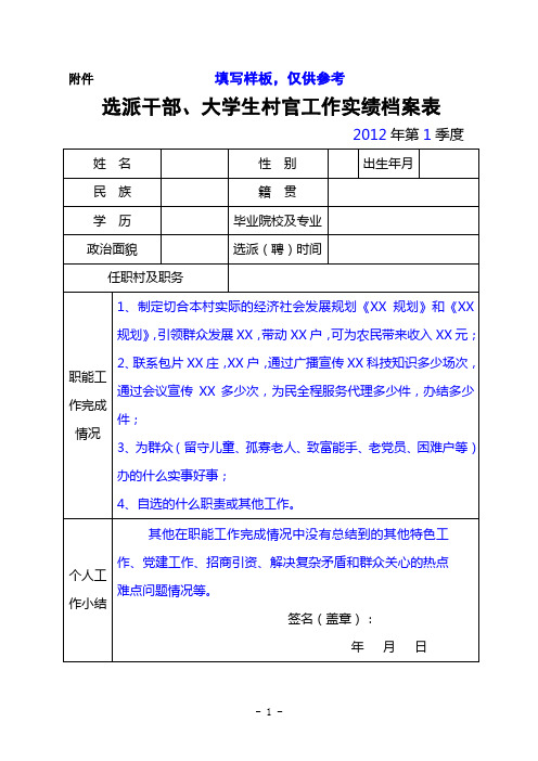 大学生村官实绩档案表填写样板