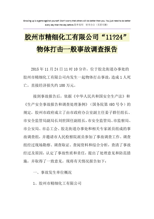 胶州市精细化工有限公司“11-24”物体打击一般事故调查报告