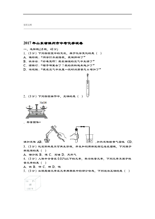 2017年山东省滨州市中学考试化学试卷