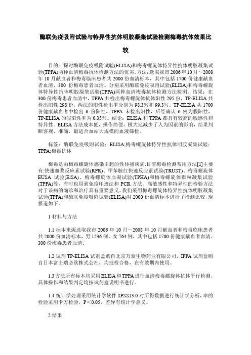 酶联免疫吸附试验与特异性抗体明胶凝集试验检测梅毒抗体效果比较