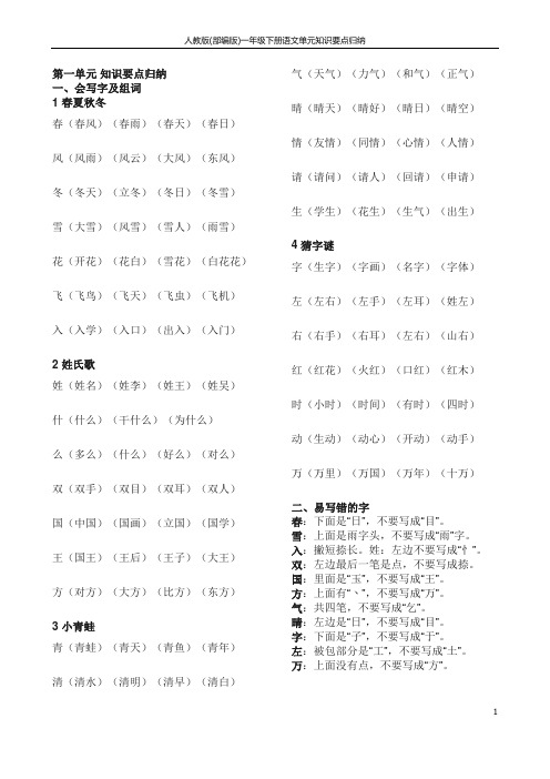 人教版(部编版)一年级下册语文单元知识要点归纳.doc