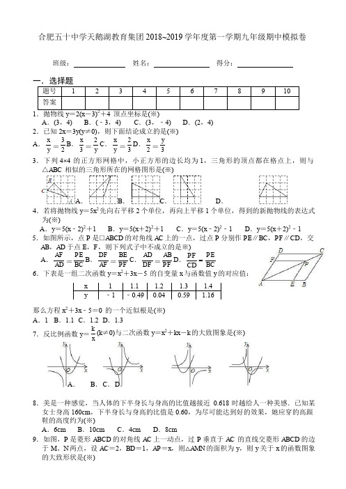 安徽省合肥市第五十中学天鹅湖教育集团2018-2019学年度九年级第一学期期中数学模拟卷