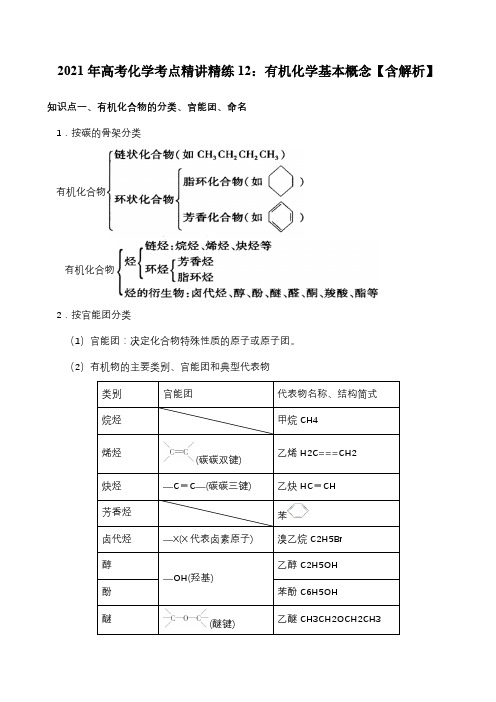 2021年高考化学考点精讲精练12：有机化学基本概念【含解析】