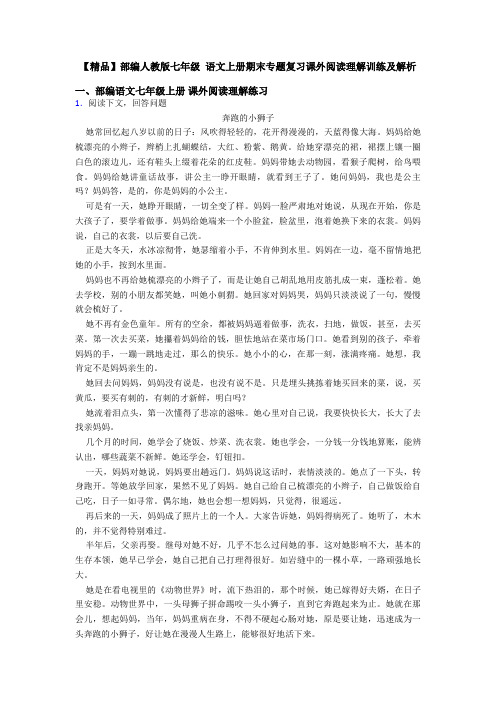 【精品】部编人教版七年级 语文上册期末专题复习课外阅读理解训练及解析