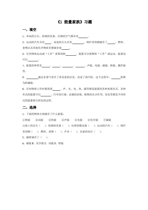 湘科版科学六年级上册 第四单元《1 能量家族》习题1