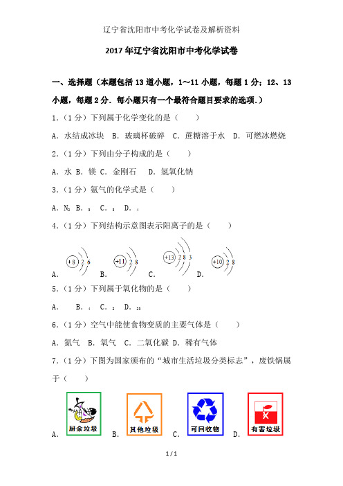 辽宁省沈阳市中考化学试卷及解析资料