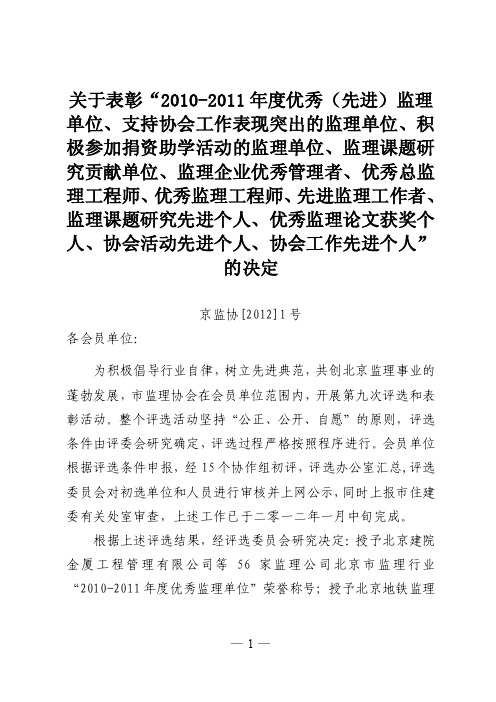 2011年度优秀（先进）监理单位、支持协会工作表现突出的