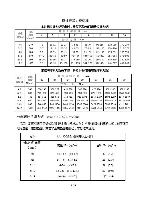 螺栓拧紧力矩及标准