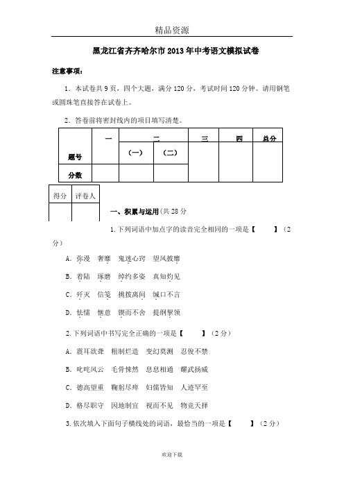 黑龙江省齐齐哈市尔2013年中考语文模拟试卷