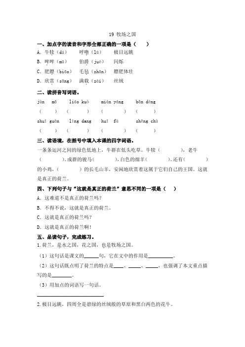 部编版小学语文五年级下册19课《牧场之国》一课一练(含答案)
