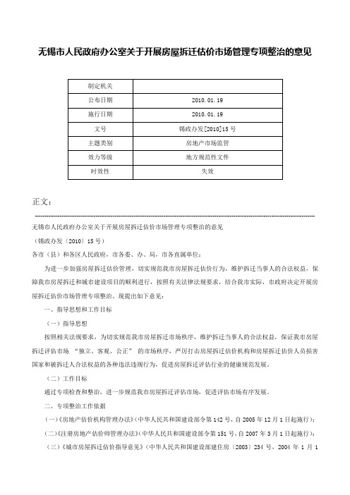 无锡市人民政府办公室关于开展房屋拆迁估价市场管理专项整治的意见-锡政办发[2010]15号