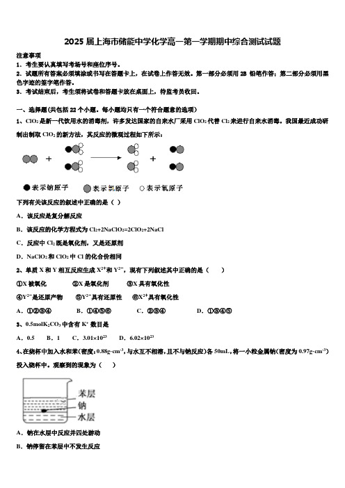 2025届上海市储能中学化学高一第一学期期中综合测试试题含解析