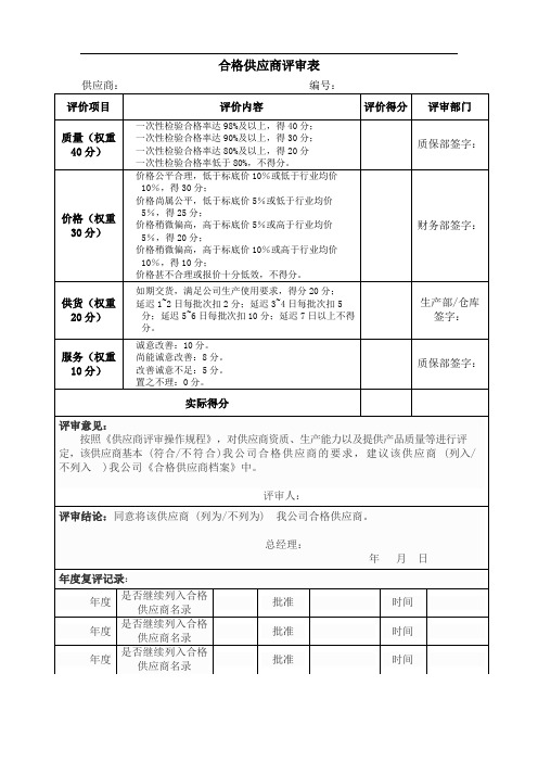 合格供应商评审表(评审标准)