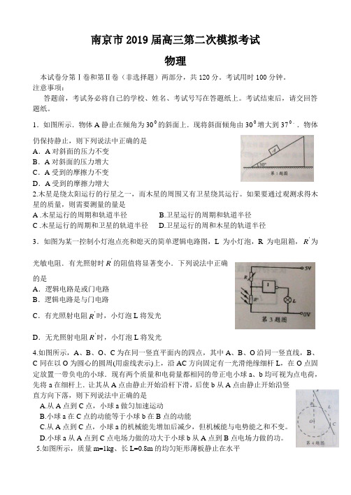 江苏省南京市2019届高三第二次模拟考试--物理