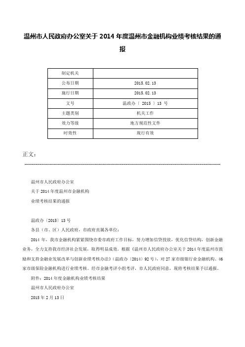 温州市人民政府办公室关于2014年度温州市金融机构业绩考核结果的通报-温政办〔 2015 〕13 号