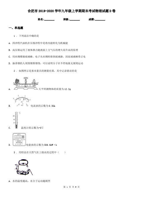 合肥市2019-2020学年九年级上学期期末考试物理试题D卷