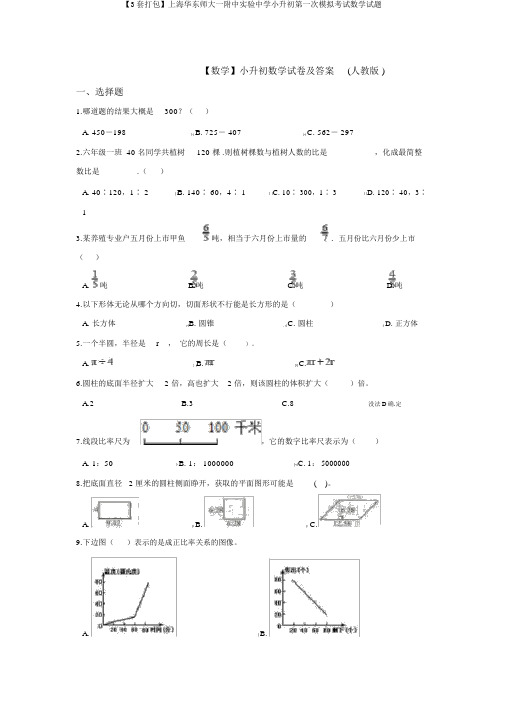 【3套打包】上海华东师大一附中实验中学小升初第一次模拟考试数学试题