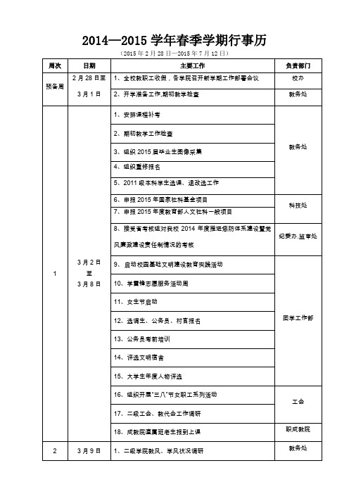 20142015学年春季学期行事历