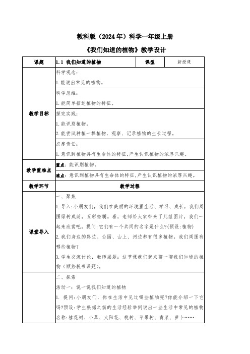 1.1 我们知道的植物(教学设计)-一年级科学上册同步精品课堂(教科版2024秋)