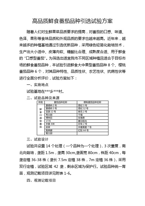 高品质鲜食番茄品种引选试验方案