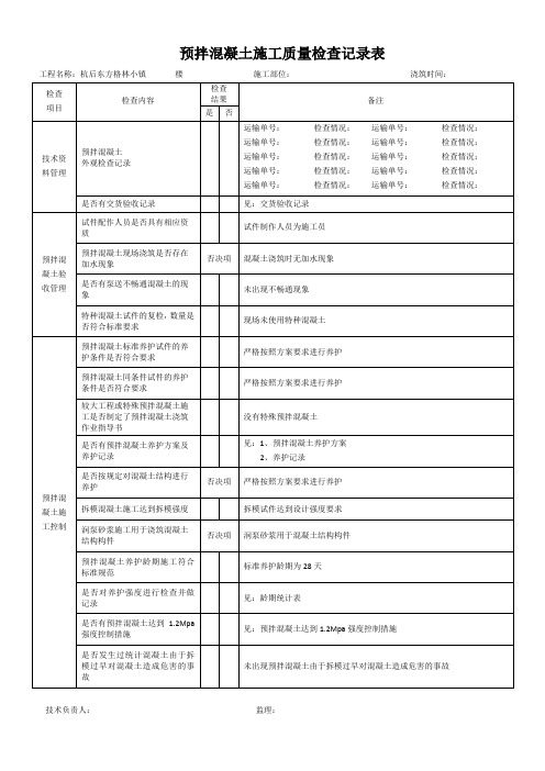 混凝土施工质量检查记录表