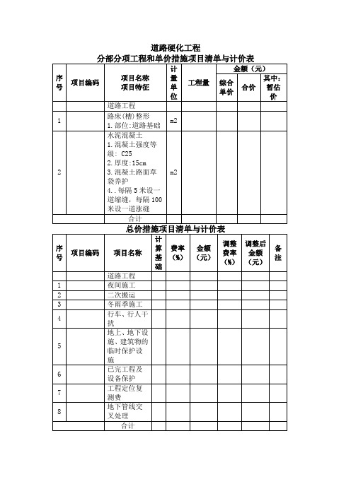 道路硬化工程分部分项工程和单价措施项目清单与计价表、总价措施项目清单与计价表