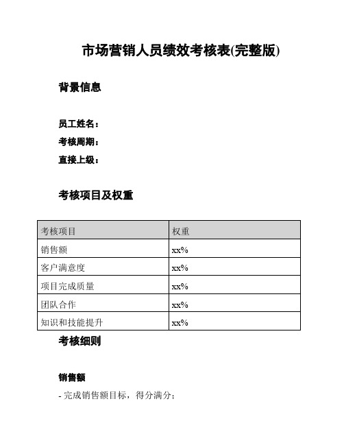 市场营销人员绩效考核表(完整版)