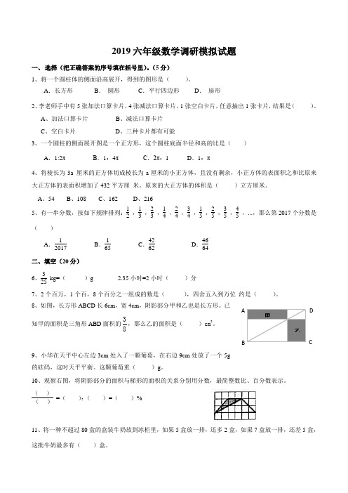 人教版2019六年级数学调研模拟试题+参考答案