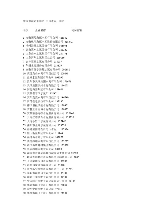 中国水泥企业前100及具体排名