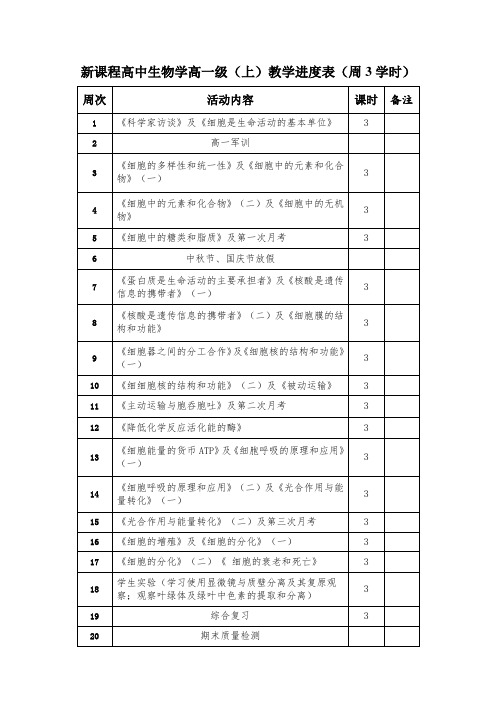 新课程高中生物学高一级(上)教学进度表(周3学时)