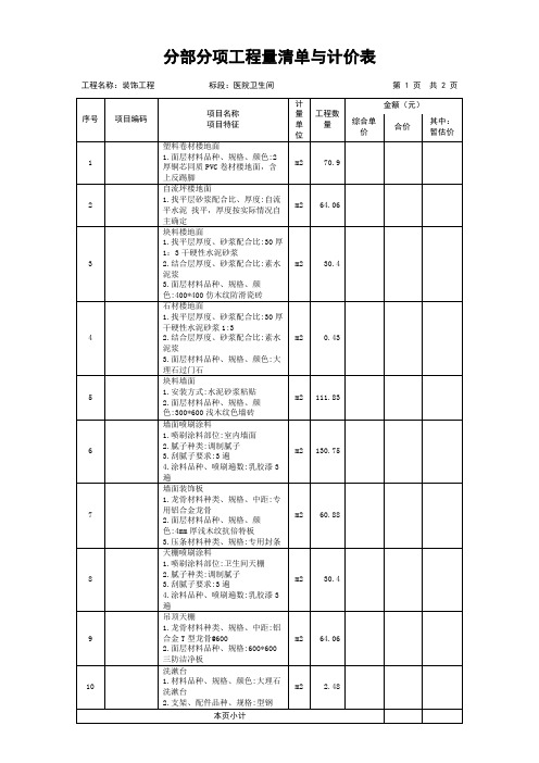 装饰工程分部分项工程量清单与计价表(医院卫生间、民用安装工程)