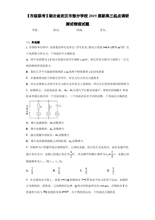 【市级联考】湖北省武汉市部分学校2021届新高三起点调研测试物理试题