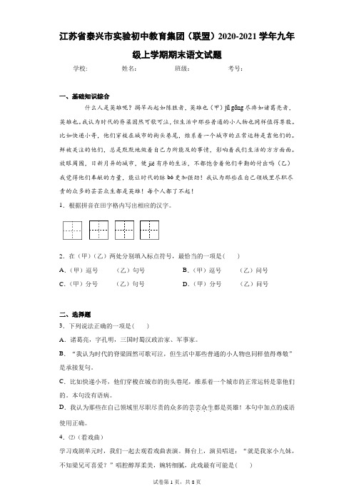 江苏省泰兴市实验初中教育集团(联盟)2020-2021学年九年级上学期期末语文试题(含答案解析)