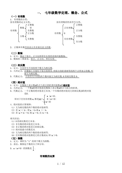 七年级数学定理、概念、公式