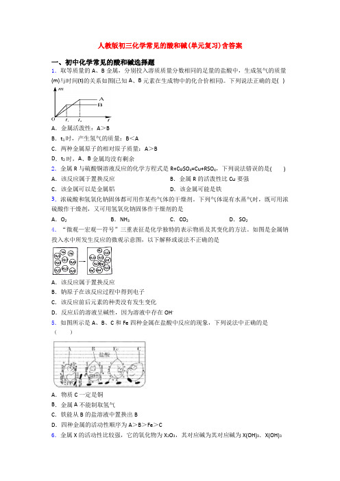 人教版初三化学常见的酸和碱(单元复习)含答案